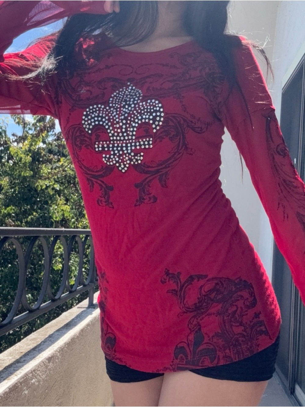 Y2K Gothic Rhinestone Fleur-De-Lis Red Long Sleeve Top with Black Embellishments